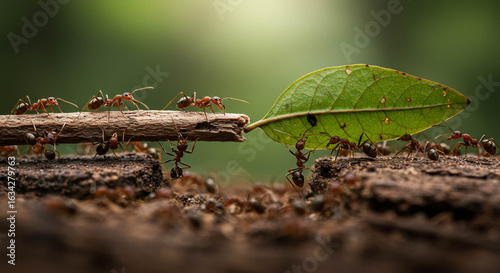 Teamwork: Leafcutter Ants Carrying Leaf and Branch Together in Nature
