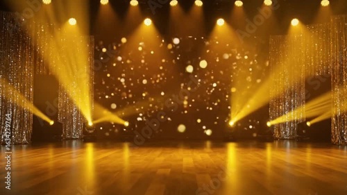 A stage with gold curtains wood floor and bright yellow spotlighting