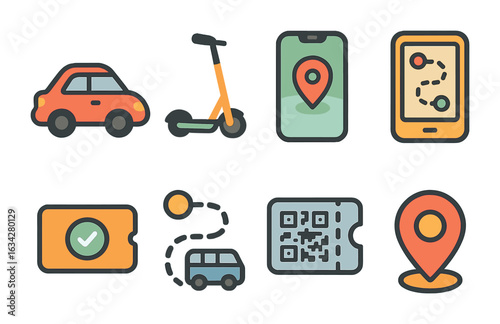 Kid-Friendly Mobility Icons. Flat vector mini-illustrations mobility-as-a-service in colors children's