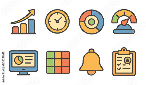 Kids' Analytics Icons. Flat vector mini-illustrations learning analytics in colors children's illustrations: