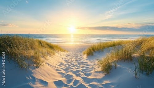 Fototapeta Naklejka Na Ścianę i Meble -  Sandy Dunes Path Along The Baltic Sea With Stunning Ocean Views On A Peaceful Summer Evening - Ideal For Strolling.