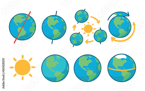 Earth's Axis Basics. Flat vector mini-illustrations Earth’s axis and tilt in colors children's illustrations: