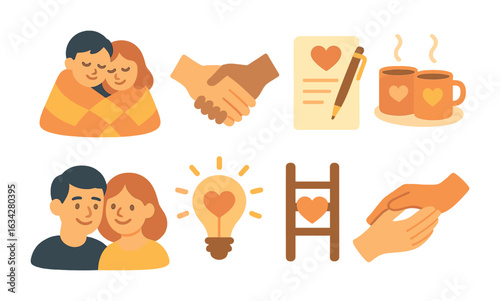 Rebuilding Intimacy Icons. Flat vector mini-illustrations Rebuilding intimacy after conflict in colors