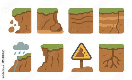 Cliff Erosion Illustrations. Flat vector mini-illustrations Cliff erosion and change in colors children's