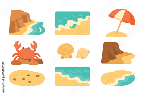 Beach Icons Grid. Flat vector mini-illustrations Ocean cliffs and beach below in colors children's