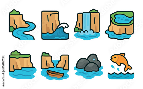 Cliffside Water Wonders. Flat vector mini-illustrations Cliffs with nearby water bodies in colors children's