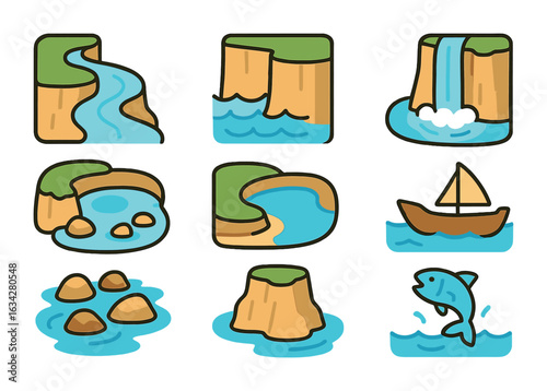 Cliffside Water Wonders. Flat vector mini-illustrations Cliffs with nearby water bodies in colors children's