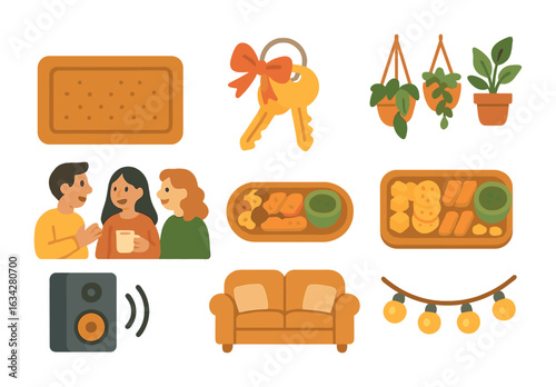 Cozy Housewarming Party. Flat vector mini-illustrations Housewarming party with close friends in colors