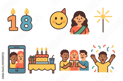 Milestone Birthday Celebrations. Flat vector mini-illustrations Milestone birthday party (18th, 30th, etc.) in