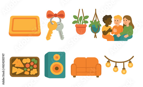 Cozy Housewarming Party. Flat vector mini-illustrations Housewarming party with close friends in colors