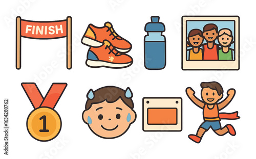 Marathon Celebration Icons. Flat vector mini-illustrations Finishing a marathon celebration in colors children