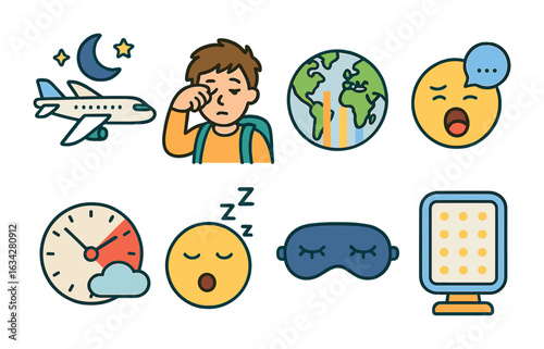Jet Lag Icons. Flat vector mini-illustrations Jet lag and body time in colors children's illustrations: