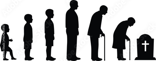 Silhouettes of human life stages from childhood through adolescence, adulthood, old age to death at gravestone, symbolic inevitable visual progression