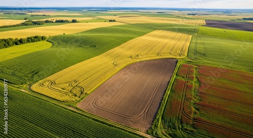 Aerial view capturing the patterns of cultivated farmlands in vibrant agricultural landscape