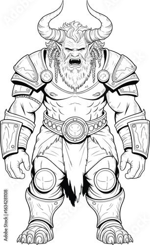 Black and White Fantasy Warrior Illustration, Demon Viking Barbarian with Horns, Muscular Armored Monster Character, Line Art for Graphic Design