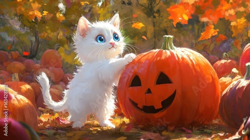 Adorable white kitten with blue eyes near a carved pumpkin in autumn