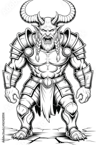 Black and White Fantasy Warrior Illustration, Demon Viking Barbarian with Horns, Muscular Armored Monster Character, Line Art for Graphic Design