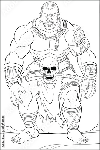 Black and White Warrior Woman Holding Skull, Fierce Female Barbarian Line Art, Fantasy Heroine Illustration for Comic and Tattoo Design
