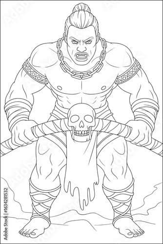 Black and White Warrior Woman Holding Skull, Fierce Female Barbarian Line Art, Fantasy Heroine Illustration for Comic and Tattoo Design