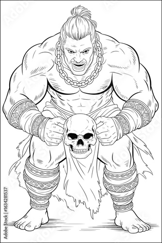 Black and White Warrior Woman Holding Skull, Fierce Female Barbarian Line Art, Fantasy Heroine Illustration for Comic and Tattoo Design