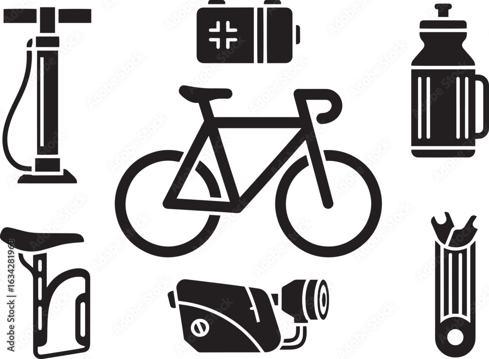 Fototapeta premium Vector art of set of bicycle and cycling accessories, isolated on white background