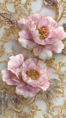 Soft Pink and Gold Peony Floral Marble Art