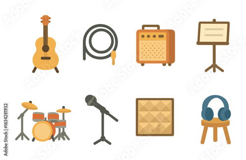 Rehearsal Room Icons. Flat vector mini-illustrations Guitar on stand in rehearsal room in colors children's