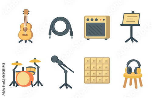 Rehearsal Room Icons. Flat vector mini-illustrations Guitar on stand in rehearsal room in colors children's