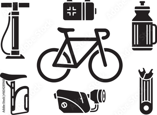 Vector art of set of bicycle and cycling accessories, isolated on white background