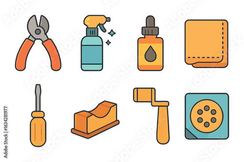 Guitar Tool Icons. Flat vector mini-illustrations Guitar maintenance tools in colors children's illustrations: