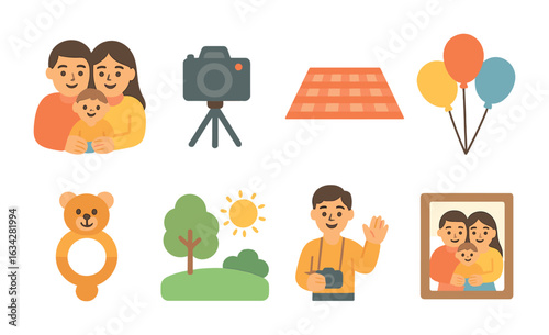 Family Photoshoot Icons. Flat vector mini-illustrations Family photoshoots with young children in colors