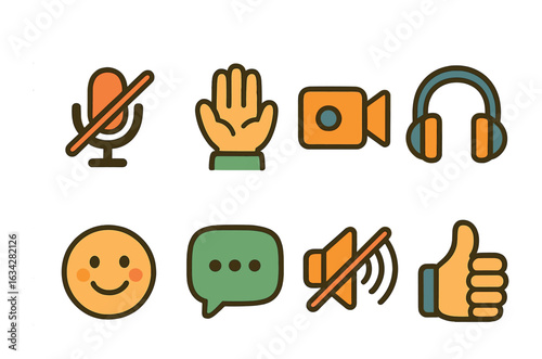 Children's Meeting Etiquette Icons. Flat vector mini-illustrations Online meeting etiquette in colors children