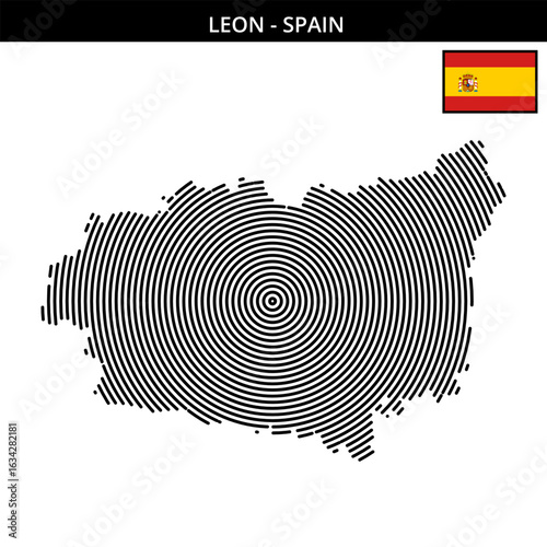 Geographical map of Leon with Spanish flag and circular design