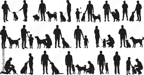 Silhouettes of people interacting with dogs in various activities—walking, playing, petting, children bonding—showcasing human-canine companionship, joy, and connection across generations