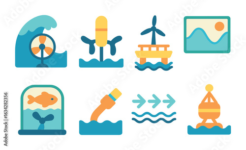 Ocean Energy Icons. Flat vector mini-illustrations Ocean and tidal energy in colors children's illustrations: