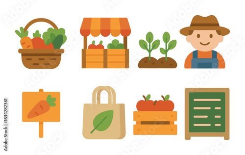 Local Food Icons. Flat vector mini-illustrations Local food cooperatives in colors children's illustrations: