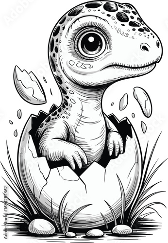 Cute Baby Dragon Drawing, Black and White Fantasy Line Art Illustration for Kids Coloring Pages, Mythical Creature Cartoon Design