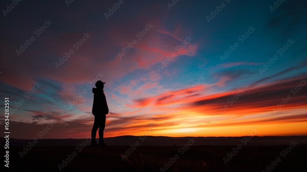 photograph of Silhouette of Person Against a Swirling Sunset Sky with Vibrant Colors wide angle lens photograph of Silhouette of Person Against a Swirling Sunset Sky with Vibrant Colors wide angle lens