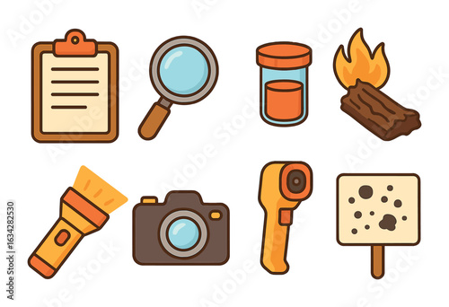 Fire Investigation Tools. Flat vector mini-illustrations Fire investigation tools in colors children's