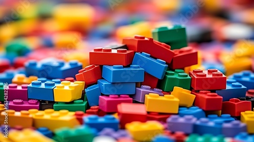 Colorful plastic building blocks in a pile.