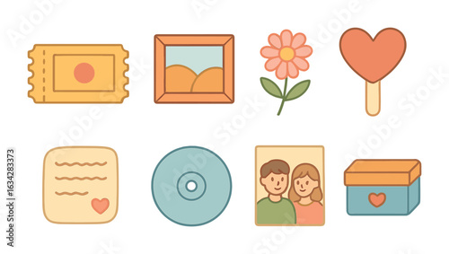 First Date Mementos. Flat vector mini-illustrations First date souvenirs in colors children's illustrations: