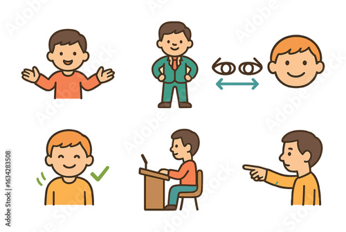 Public Speaking Icons. Flat vector mini-illustrations Body language in public speaking in colors children's