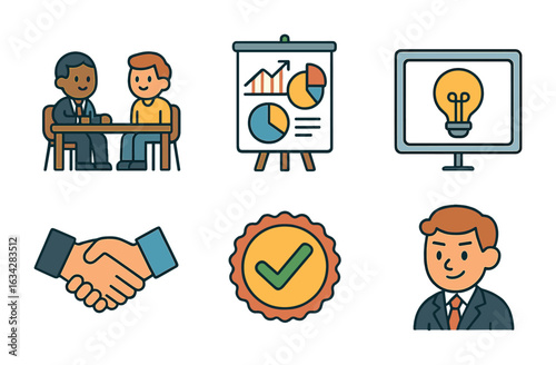 Business Icons for Kids. Flat vector mini-illustrations Business pitch presentations in colors children's