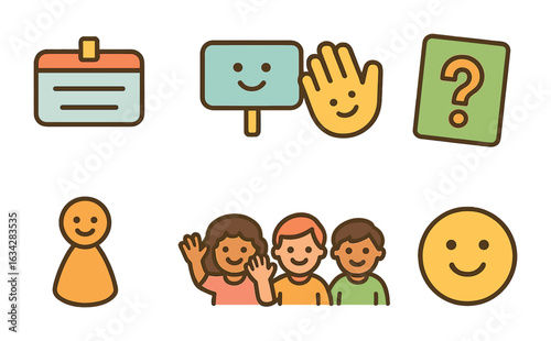 Playful Talk Icons. Flat vector mini-illustrations Icebreakers and intros in public talks in colors children's