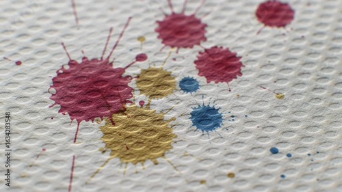 A mesmerizing macro video showing vibrant drops of red, yellow, and blue ink splashing onto a textured white paper surface