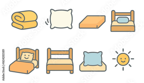 Tidy Bed Icons. Flat vector mini-illustrations Making the bed tidy in colors children's illustrations: folded