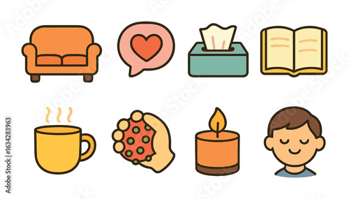 Children's Therapy Icons. Flat vector mini-illustrations Therapy and emotional support in colors children's