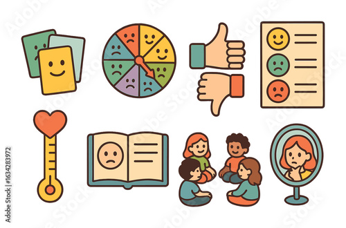 Kids' Emotional Icons. Flat vector mini-illustrations Emotional check-in activities in colors children's