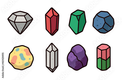 Colorful Gemstone Illustrations. Flat vector mini-illustrations Types of raw gemstones in colors children's