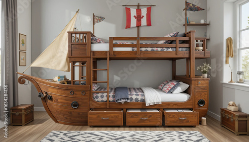 Unique wooden bunk bed shaped like a ship offers a playful nautical theme for kids' bedrooms, creating a whimsical and adventurous sleeping space with built in storage.